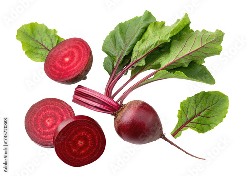 Fresh beetroot with green leaves and sliced halves isolated on transparent background