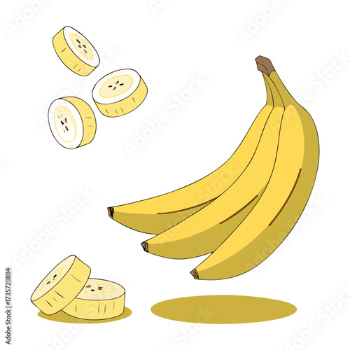 A vibrant, hyper-realistic composition of ripe yellow bananas with perfectly sliced banana pieces floating in mid-air, soft natural lighting, ultra-detailed textures, realistic shadows, crisp focus, t