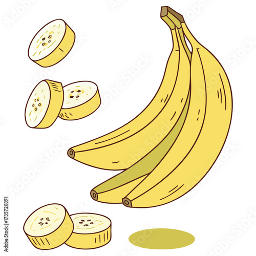 A vibrant, hyper-realistic composition of ripe yellow bananas with perfectly sliced banana pieces floating in mid-air, soft natural lighting, ultra-detailed textures, realistic shadows, crisp focus, t
