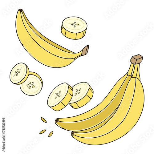 A vibrant, hyper-realistic composition of ripe yellow bananas with perfectly sliced banana pieces floating in mid-air, soft natural lighting, ultra-detailed textures, realistic shadows, crisp focus, t