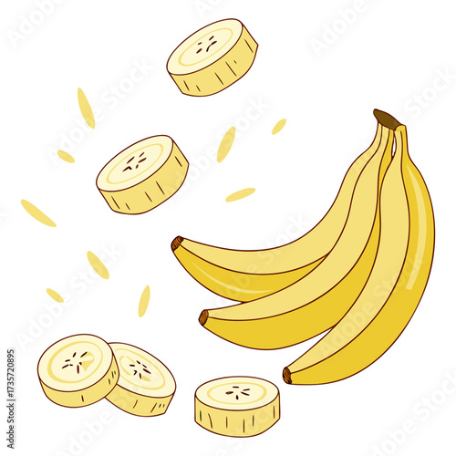 A vibrant, hyper-realistic composition of ripe yellow bananas with perfectly sliced banana pieces floating in mid-air, soft natural lighting, ultra-detailed textures, realistic shadows, crisp focus, t