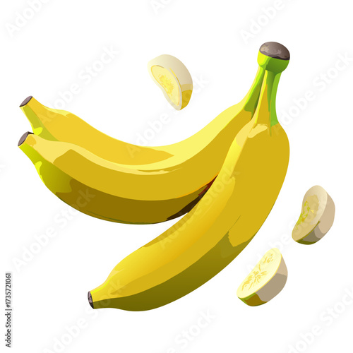 A vibrant, hyper-realistic composition of ripe yellow bananas with perfectly sliced banana pieces floating in mid-air, soft natural lighting, ultra-detailed textures, realistic shadows, crisp focus, t