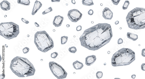 Scattered raw diamonds isolated on transparent background create a beautiful pattern