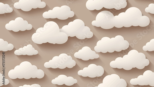 Close-up Seamless Pattern of Volumetric White Paper Clouds on Pale Taupe Background