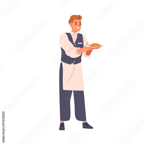 Waiter serving croissant on plate. Man, cafe worker holding plate with fresh French bakery, dessert for breakfast meal. Restaurant service. Flat vector illustration isolated on white background