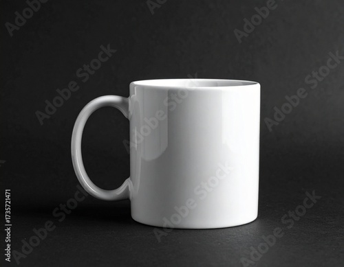 Plain ceramic cup with handle, centered on solid black background.