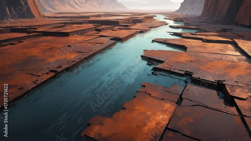 Low Angle View of a Narrow River Flowing Through Rusted, Cracked Canyon Floor