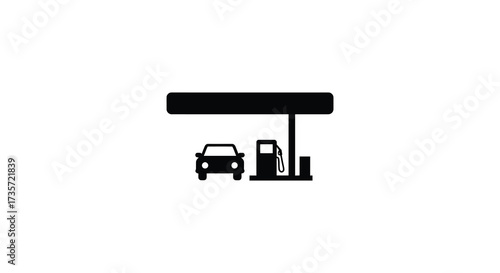 A simple black silhouette depicting a car at a gas station pump