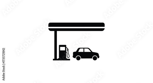 Simple black and white illustration of a car at a gas station