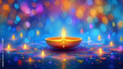 Diwali diya oil lamp burning brightly, surrounded by smaller diyas, celebrating the festival of lights with a colorful bokeh background