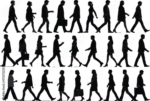 Business people walking silhouette set, urban commute graphic, professional attire icons, movement concept, corporate lifestyle illustration, vector design, black and white
