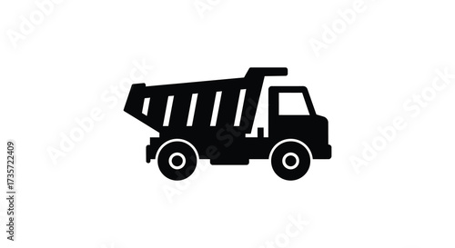 Simple black silhouette of a dump truck against a white background