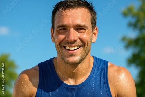Sweaty man in blue tank top smiling broadly after outdoor workout under clear blue sky with green trees behind