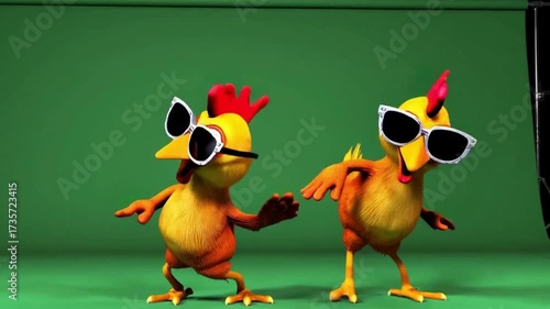 Two funny 3D animated cartoon chickens with sunglasses perform a synchronized dance together on a green screen background.