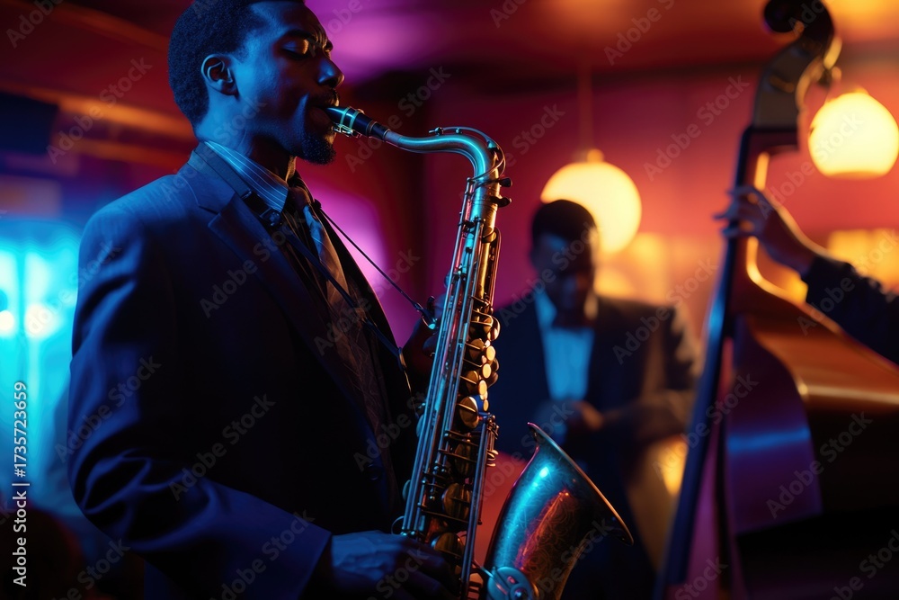 Fototapeta premium Black man plays saxophone in a dimly lit jazz club. Vibrant blue, purple lights illuminate his soulful performance and the band.
