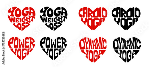 Heart-shaped sticker set in colorful and black design promoting most efective types of yoga for losing weight