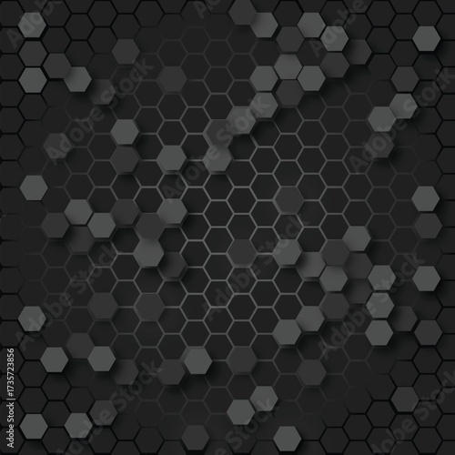 Dark hexagon abstract technology background with colored bright flashes under hexagon. Hexagonal gaming vector abstract high
