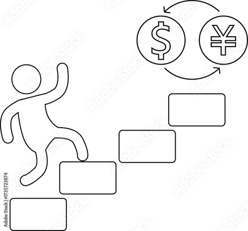 icon of a person climbing stairs and icon of converting dollar coins to yen coins