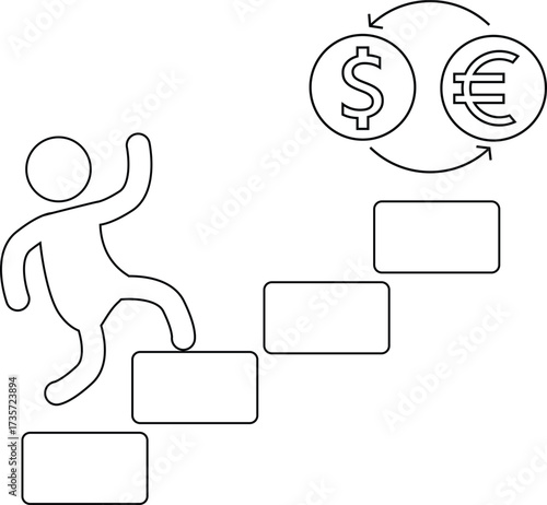 icon of a person climbing stairs and icon of converting dollar coins to euro coins