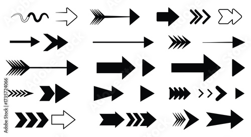 Collection of various black arrow designs and shapes in a line