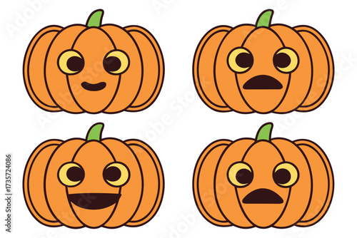 Set of four cute cartoon pumpkins with expressive faces for halloween decorations and designs