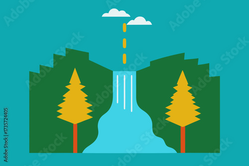 Stylized illustration of a waterfall flowing down a cliff face amidst pine trees