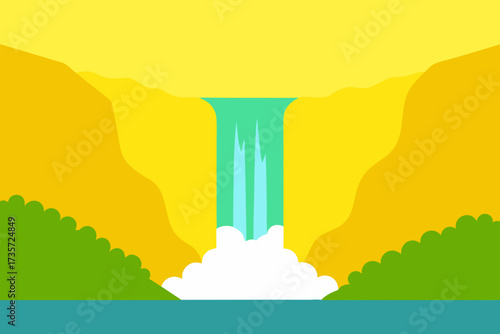 Vibrant flat design waterfall cascading into a pool surrounded by hills