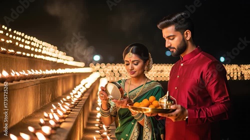 Indian couple celebrating karwa chauth festival 