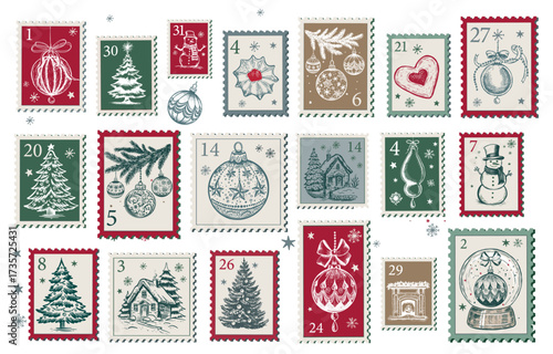 Christmas Stamps, mail, Advent calendar, postcard hand drawn illustrations.