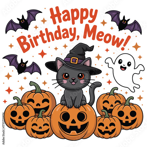 Happy Birthday Meow Cute Halloween Witch Cat Pumpkin Ghost Vector, Halloween background with halloween pumpkins