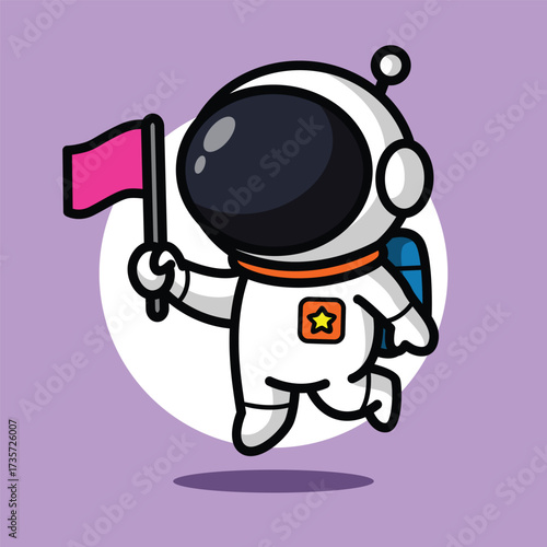 Cute Astronaut Holding Flag Illustration for Space Cartoon Character, Galaxy Exploration, and Adventure Mascot Design