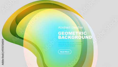 Abstract shapes overlap, creating vibrant colorful background. Text promotes further information access. Modern design elements present.