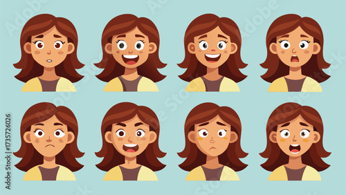 A woman exhibits different facial expressions and hand gestures, conveying a variety of feelings and moods..eps