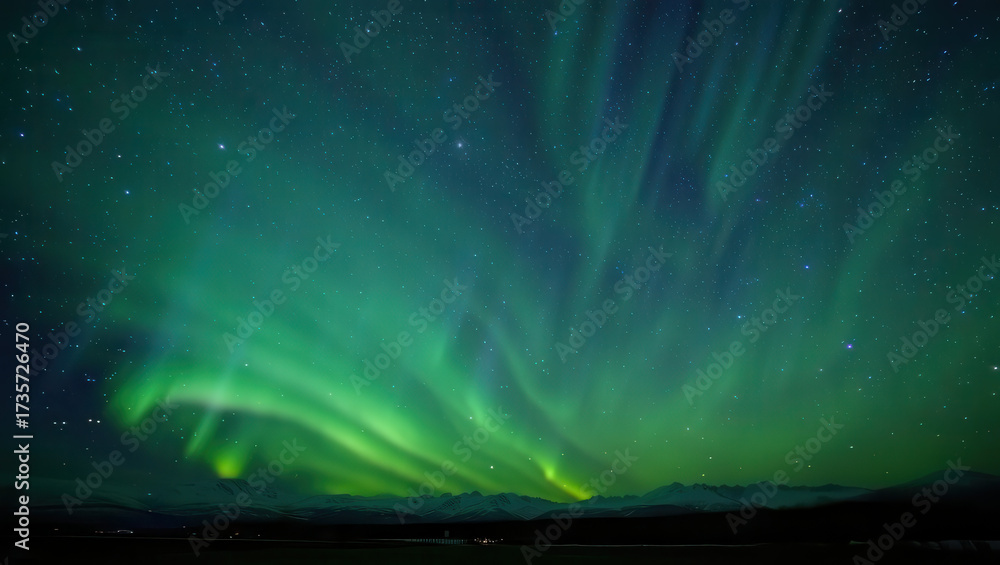 Fototapeta premium Vibrant green aurora borealis dances across a starry night sky above a dark horizon