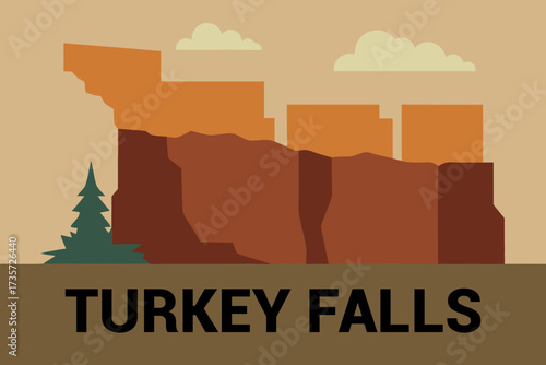 Stylized illustration of turkey falls with layered cliffs and a single pine tree