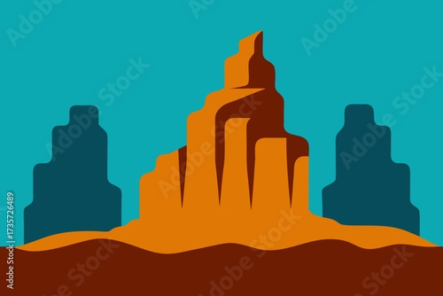 Stylized desert landscape with orange rock formations and blue sky