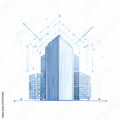 A blueprint-style illustration of modern high-rise buildings, showcasing architectural design and innovation 