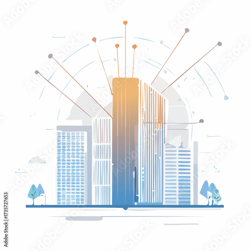 Illustrated modern cityscape with a connection lines, symbolizing innovation and technology 