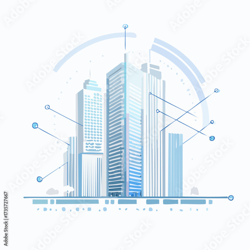 Modern cityscape with network lines representing urban development and technological advancement. The towering skyscrapers create a sense of progress and innovation.