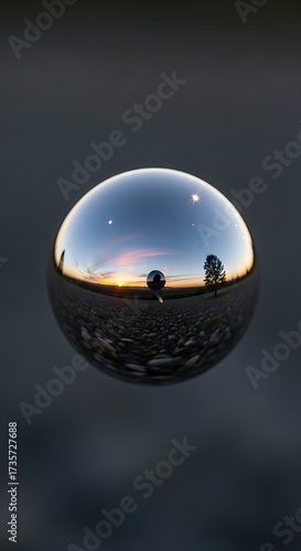 Reflective Sphere Capturing Landscape at Sunset.