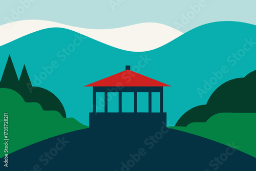 Minimalist illustration of a gazebo on a hill with mountains and trees