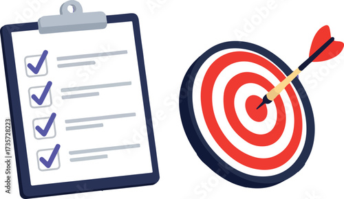 Illustration of checklist with completed tasks and dartboard with arrow hitting bullseye