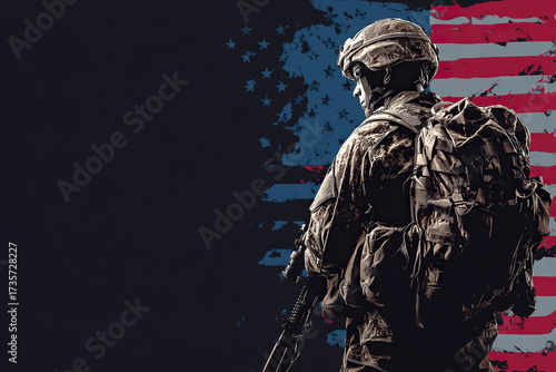 A poster depicting an American soldier with a weapon against a background of the colors of the national flag.