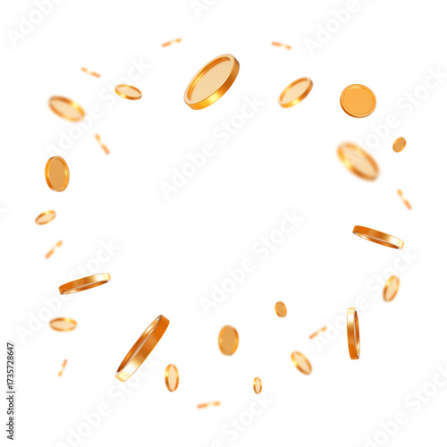 3d flying gold shiny coins on white isolated background. Square format. Rich or casino luck concept. Precious expensive treasure. Stock vector illustration.