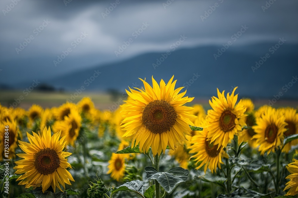 Fototapeta premium Field of blooming sunflowers under sunlight