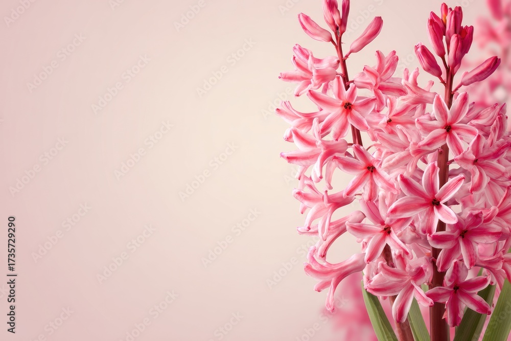 Naklejka premium A cluster of vibrant pink hyacinths in soft focus against a pale, pastel background.