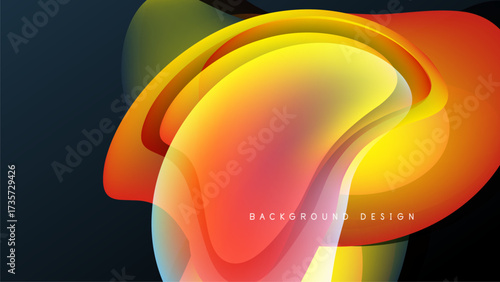 Abstract fluid shapes, vibrant colors blend. Dynamic composition creates modern visual impact. Background is dark, design feels energetic.