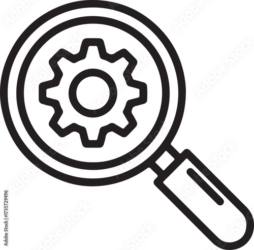 Illustration of magnifying glass over a gear, representing search and settings