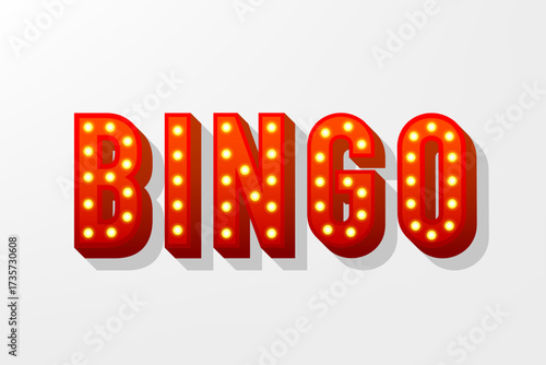 Bingo light bulb banner. Lottery retro lettering. Game of chance and casino concept. Signboard with neon light bulbs. Vintage volumetric letters. Vector illustration.