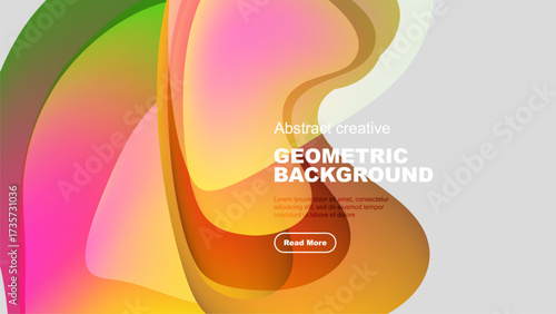 Abstract fluid shapes overlap, creating vibrant color gradients. Text promotes further exploration. Modern design elements present.